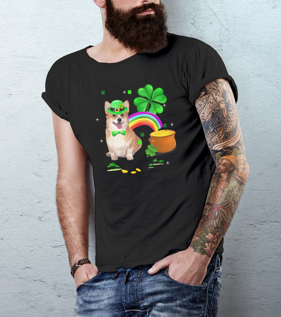 Corgi Dog Shamrock St Patricks Day Leprechaun Rainbow Pot Of Gold T-Shirt