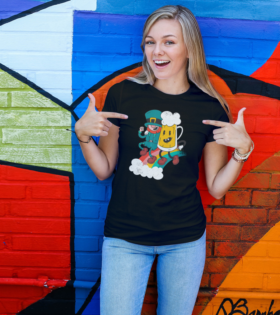 Leprechaun And Beer Besties Riding Rainbow With Clouds T-Shirt