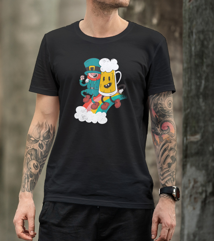Leprechaun And Beer Besties Riding Rainbow With Clouds T-Shirt