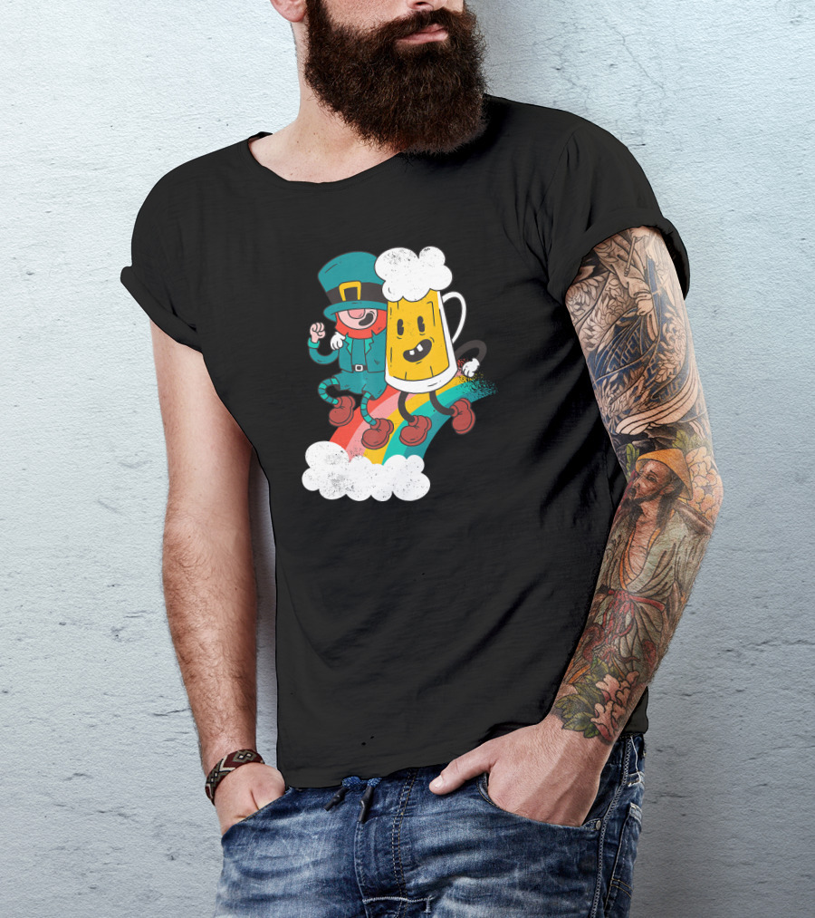 Leprechaun And Beer Besties Riding Rainbow With Clouds T-Shirt