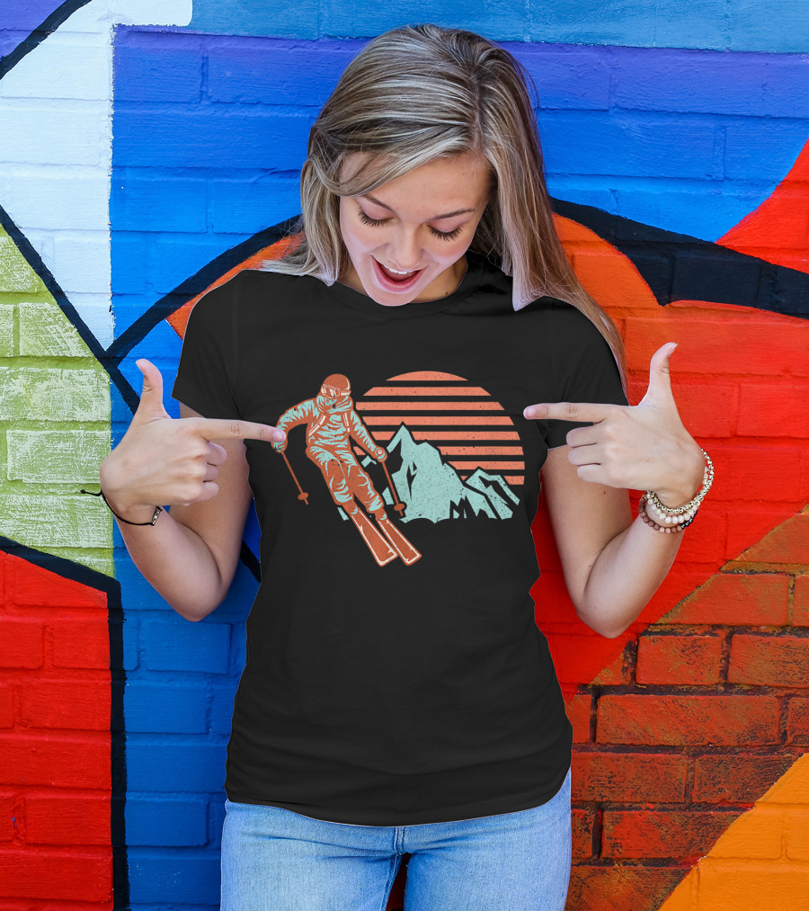 Retro Ski Vintage Ski Mountain Sunset Skier T-Shirt