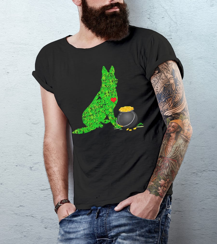 St Patricks Day Shamrock German Shepherd With Pot Of Gold T-Shirt