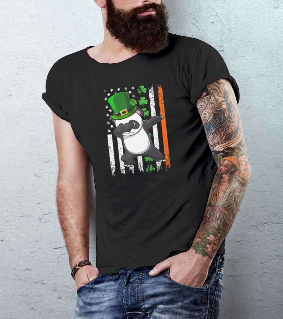 Dabbing Panda Leprechaun Shamrock Green Hat St Patrick's Day Irish Flag T-Shirt