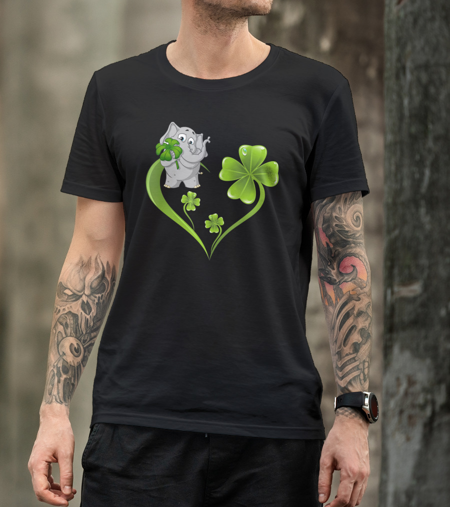 Elephant With Shamrock Heart And Clover Leaves T-Shirt