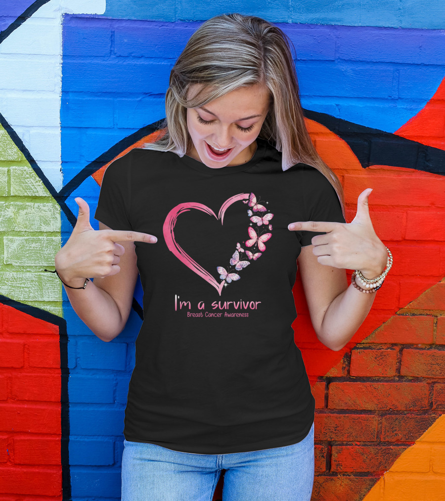 I'm A Survivor Breast Cancer Awareness Pink Heart Butterfly T-Shirt