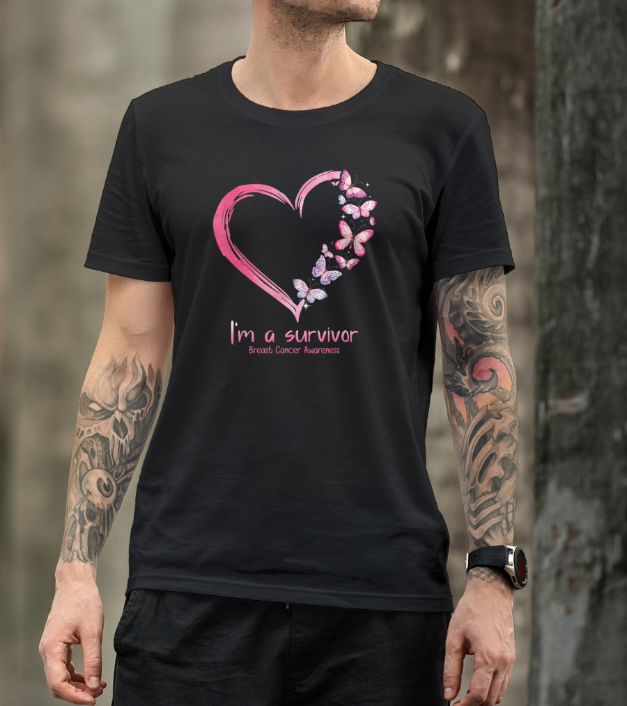 I'm A Survivor Breast Cancer Awareness Pink Heart Butterfly T-Shirt