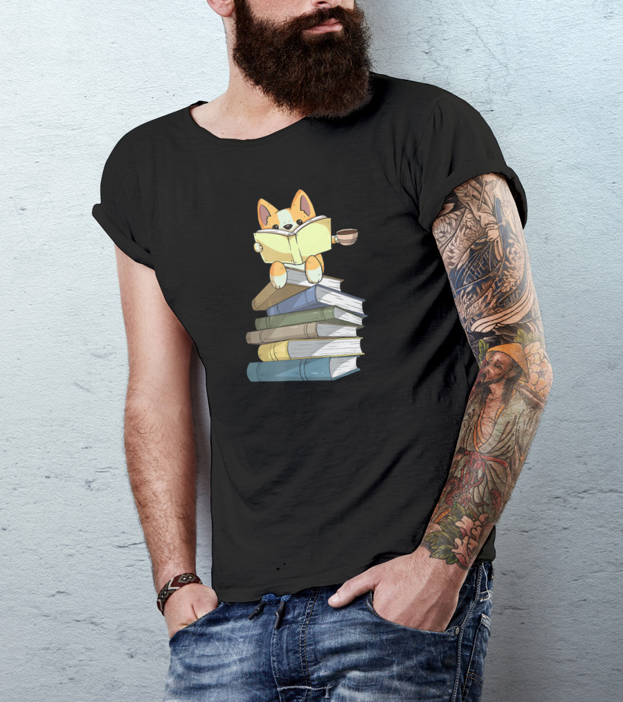Welsh Corgi Reading Books With Coffee T-Shirt