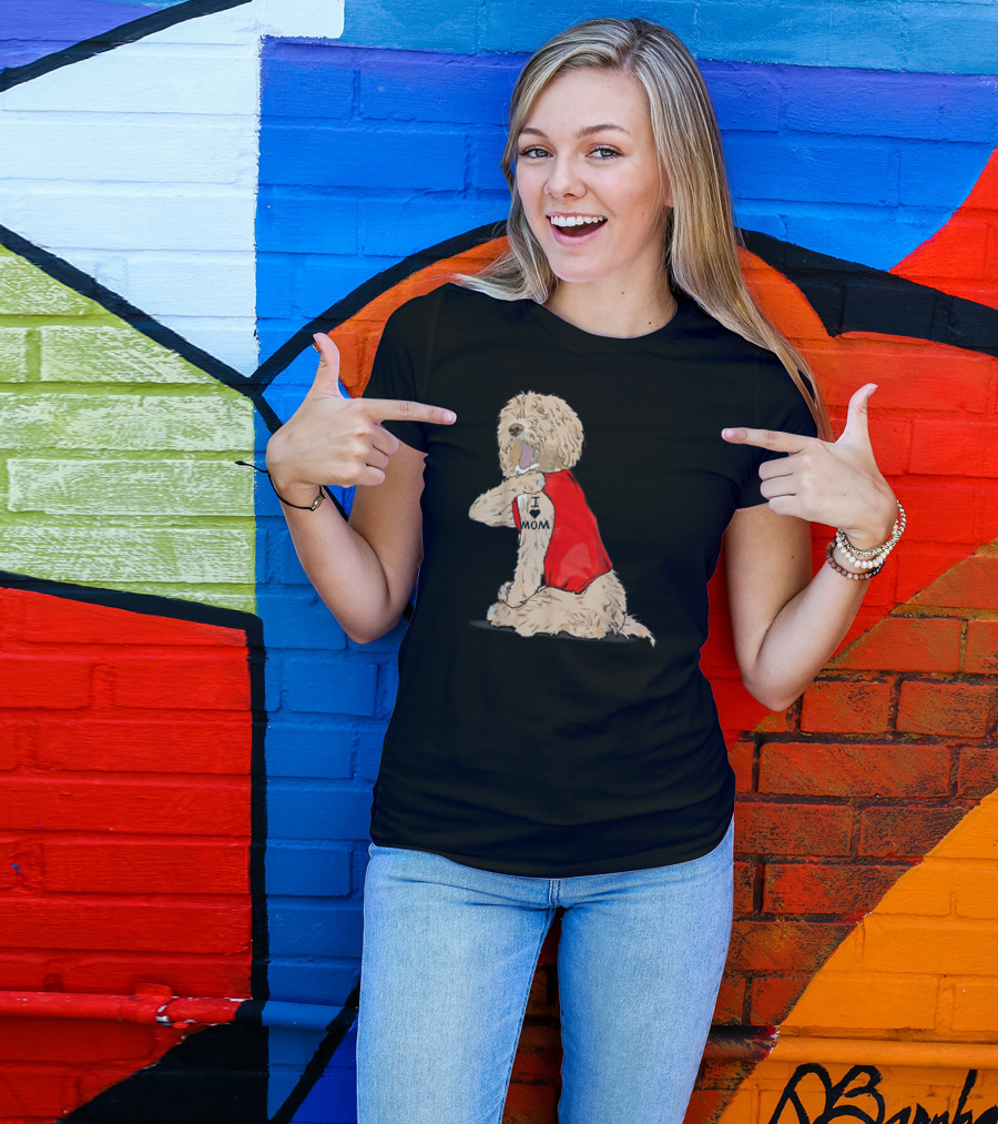 Labradoodle I Love Mom Tattoo Funny Dog In Red Vest Sitting Pose T-Shirt