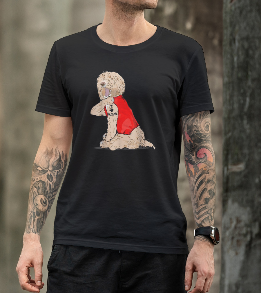 Labradoodle I Love Mom Tattoo Funny Dog In Red Vest Sitting Pose T-Shirt