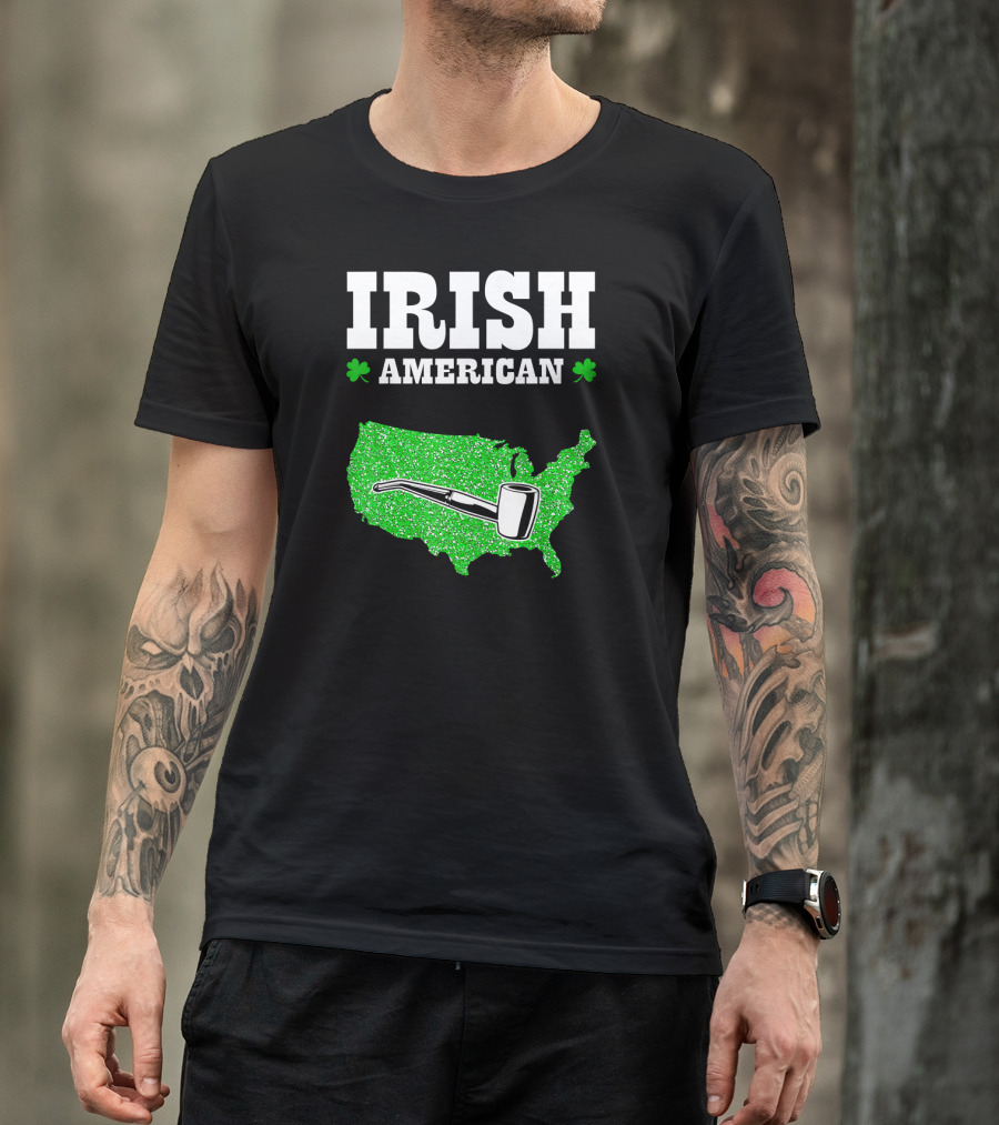 Irish American Shamrock Map With Pipe St Patrick's Day T-Shirt
