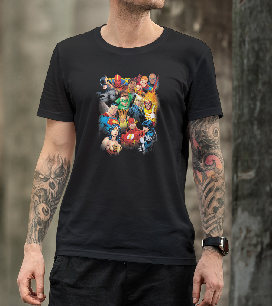 Justice League The League's All Here Heroes Unite Iconic Team Members T-Shirt