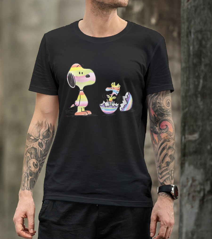 Peanuts Snoopy Woodstock Colorful Easter Egg Stripes T-Shirt