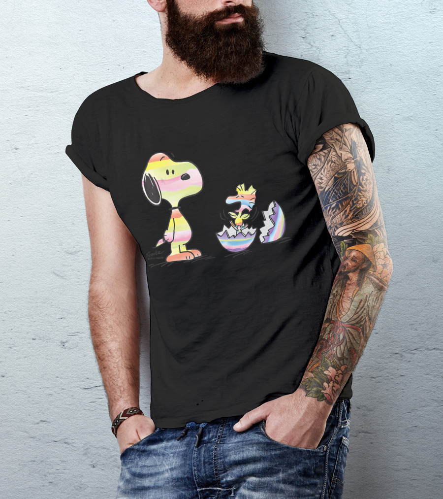 Peanuts Snoopy Woodstock Colorful Easter Egg Stripes T-Shirt