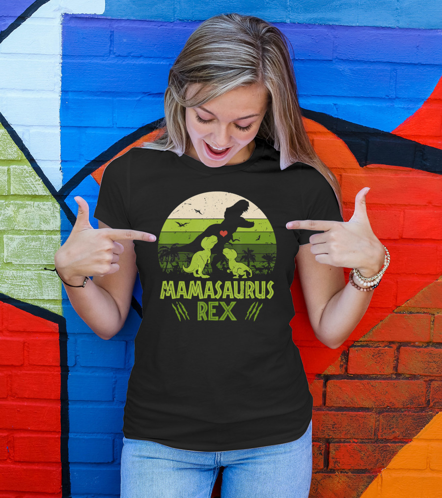 Mamasaurus Rex Dinosaur Lover Heart Jungle Scene With Two Kids T-Shirt
