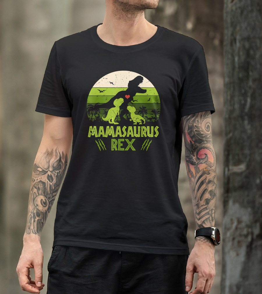 Mamasaurus Rex Dinosaur Lover Heart Jungle Scene With Two Kids T-Shirt