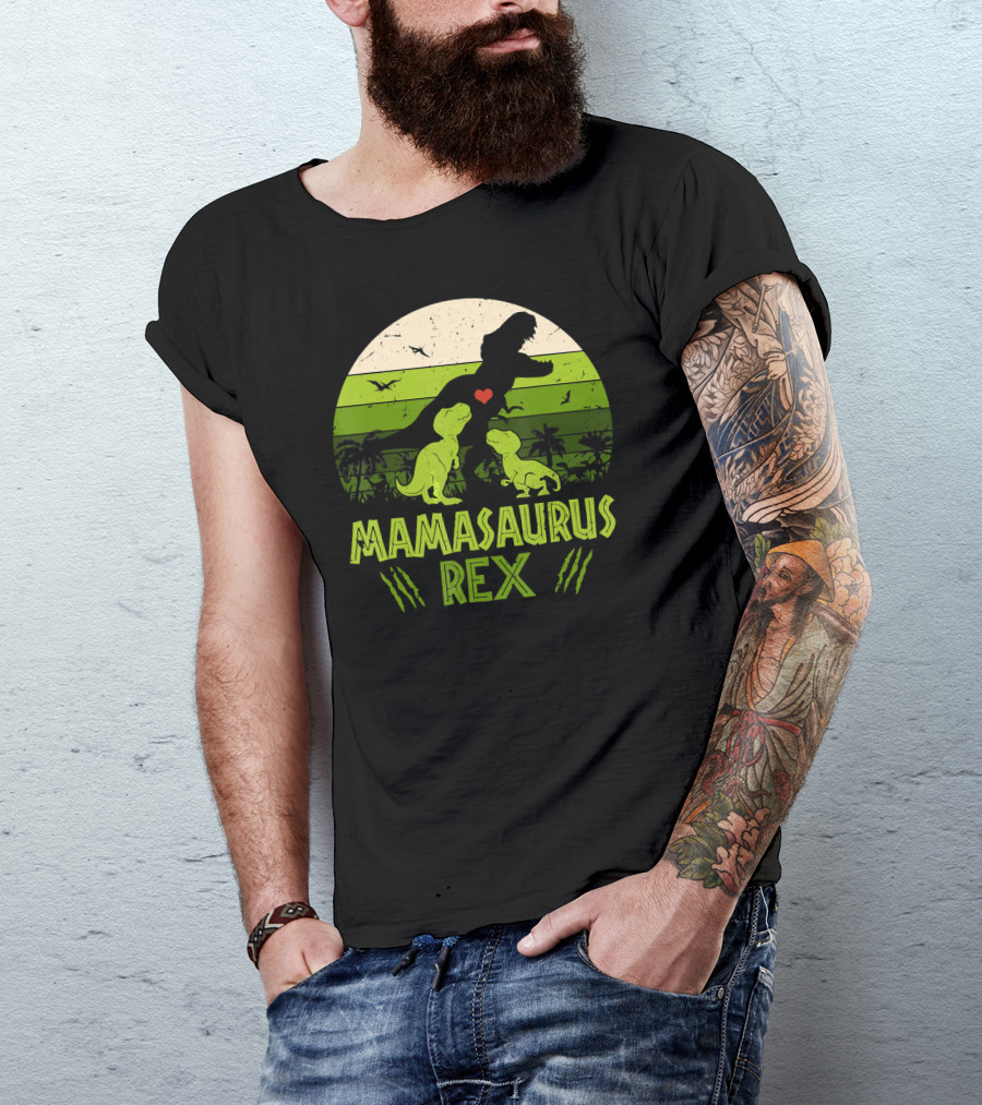 Mamasaurus Rex Dinosaur Lover Heart Jungle Scene With Two Kids T-Shirt