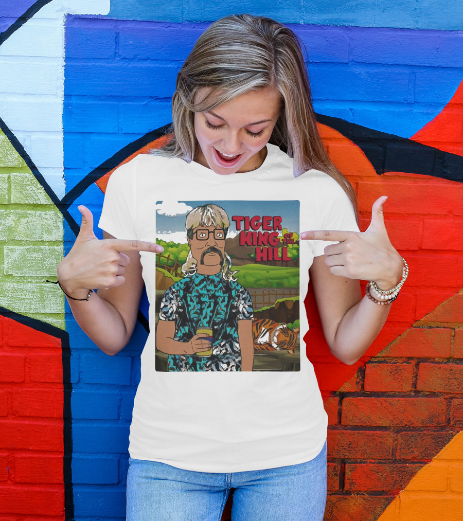 Tiger King Of The Hill In Cartoon Style With Tiger And Guy Holding Drink T-Shirt