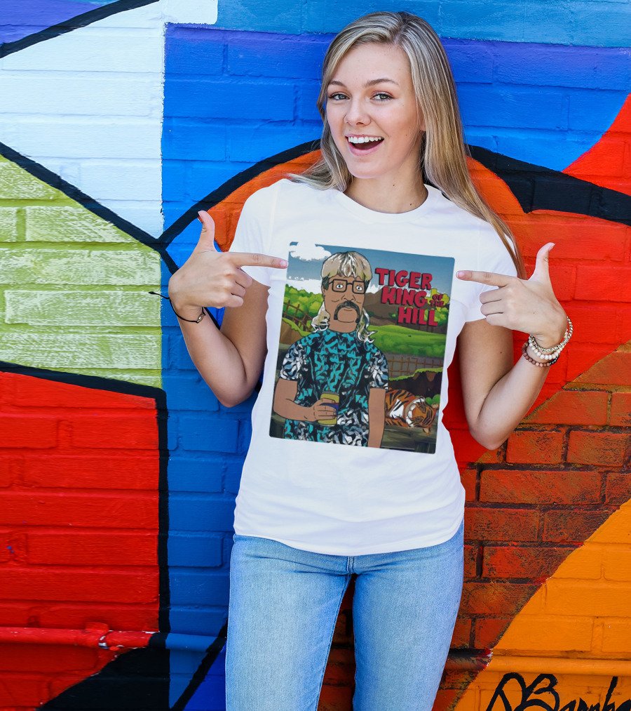 Tiger King Of The Hill In Cartoon Style With Tiger And Guy Holding Drink T-Shirt