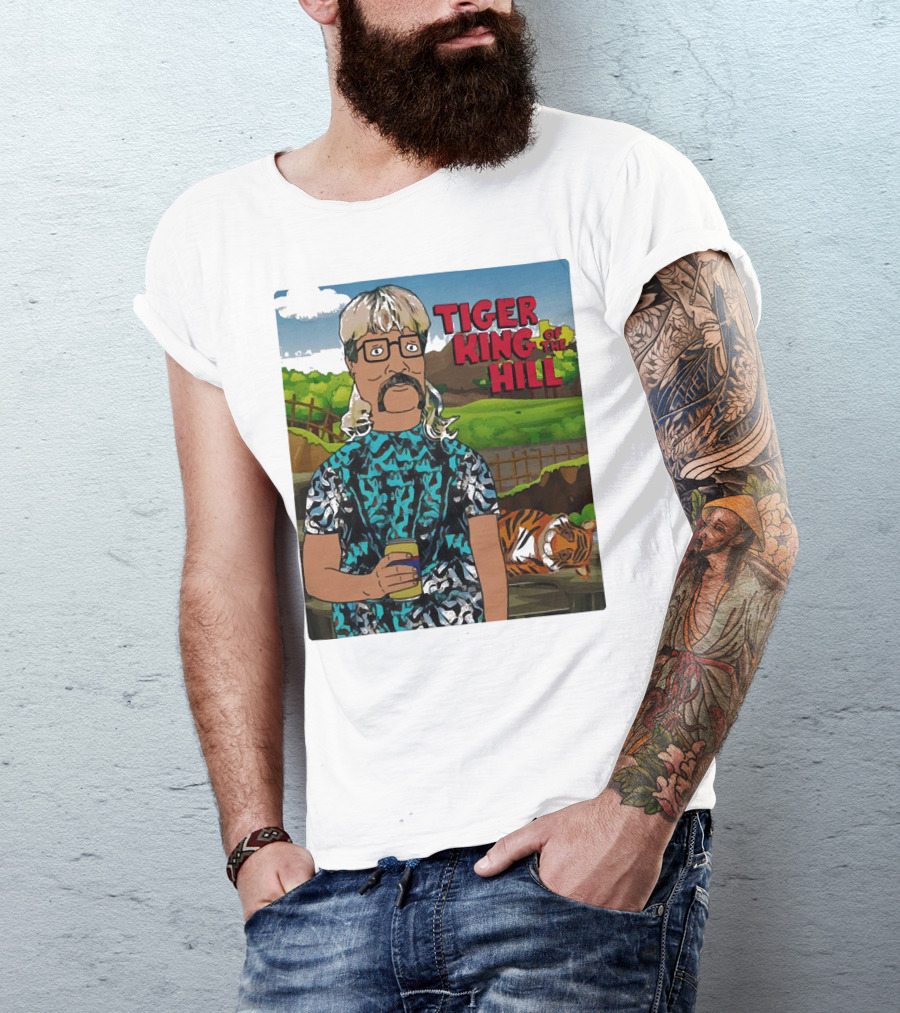 Tiger King Of The Hill In Cartoon Style With Tiger And Guy Holding Drink T-Shirt