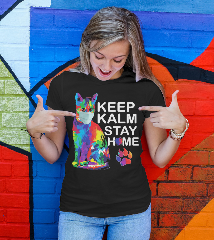 Colorful Masked Cat Keep Kalm Stay Home Ladies T-Shirt