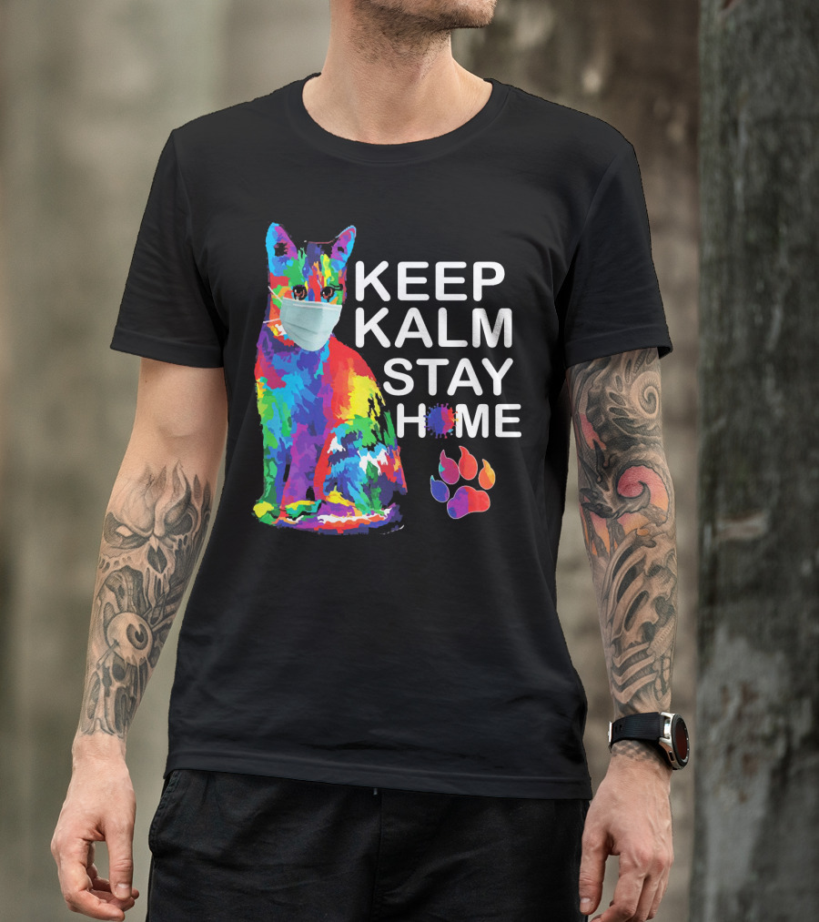 Colorful Masked Cat Keep Kalm Stay Home Ladies T-Shirt