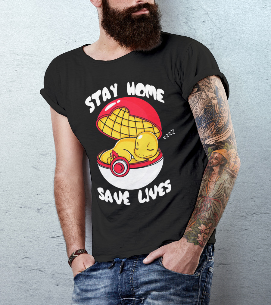 Stay Home Save Lives Charmander Pokemon Ladies Pokeball Zzzz T-Shirt