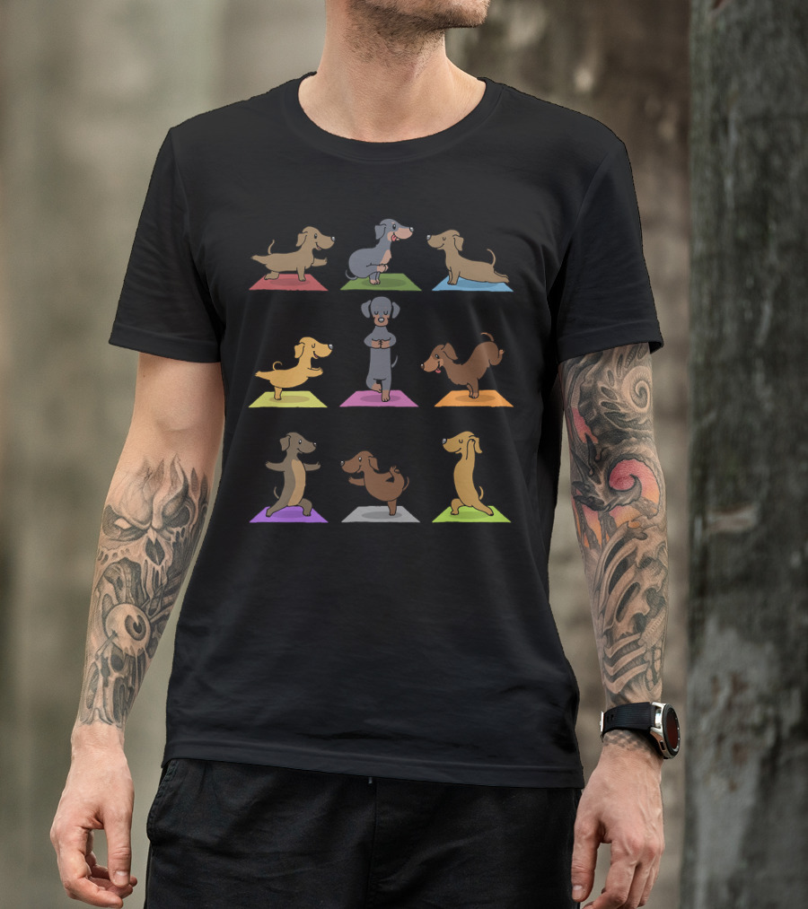 Dachshund Yoga Funny Dachshund Poses On Colorful Mats 227 T-Shirt