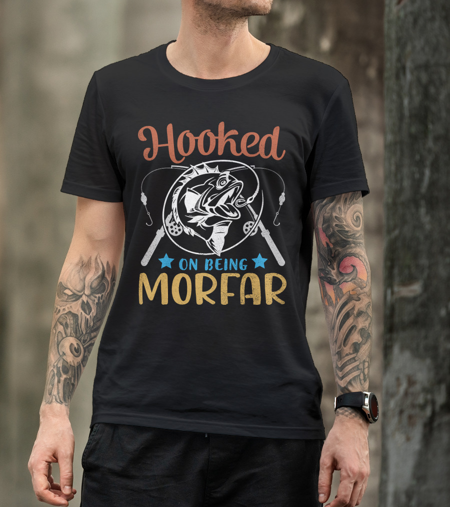 Hooked On Being Morfar Happy Fisher Grandpa 186 Fishing Rods And Stars T-Shirt