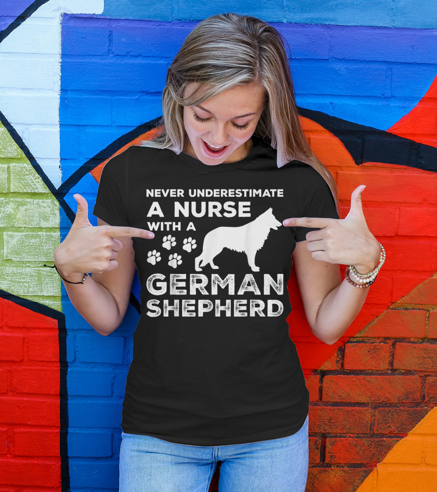 Never Underestimate A Nurse With A German Shepherd And Paw Prints T-Shirt