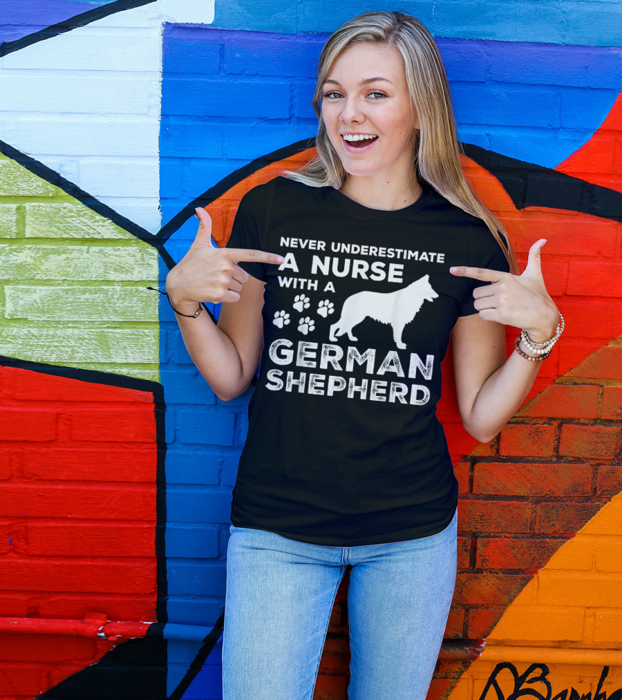 Never Underestimate A Nurse With A German Shepherd And Paw Prints T-Shirt