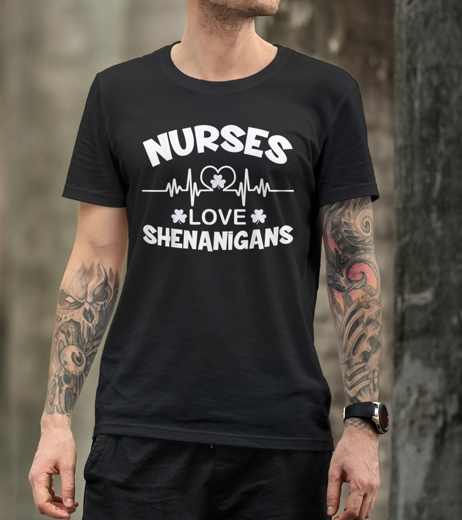 Nurses Love Heartbeat Shamrock Shenanigans T-Shirt