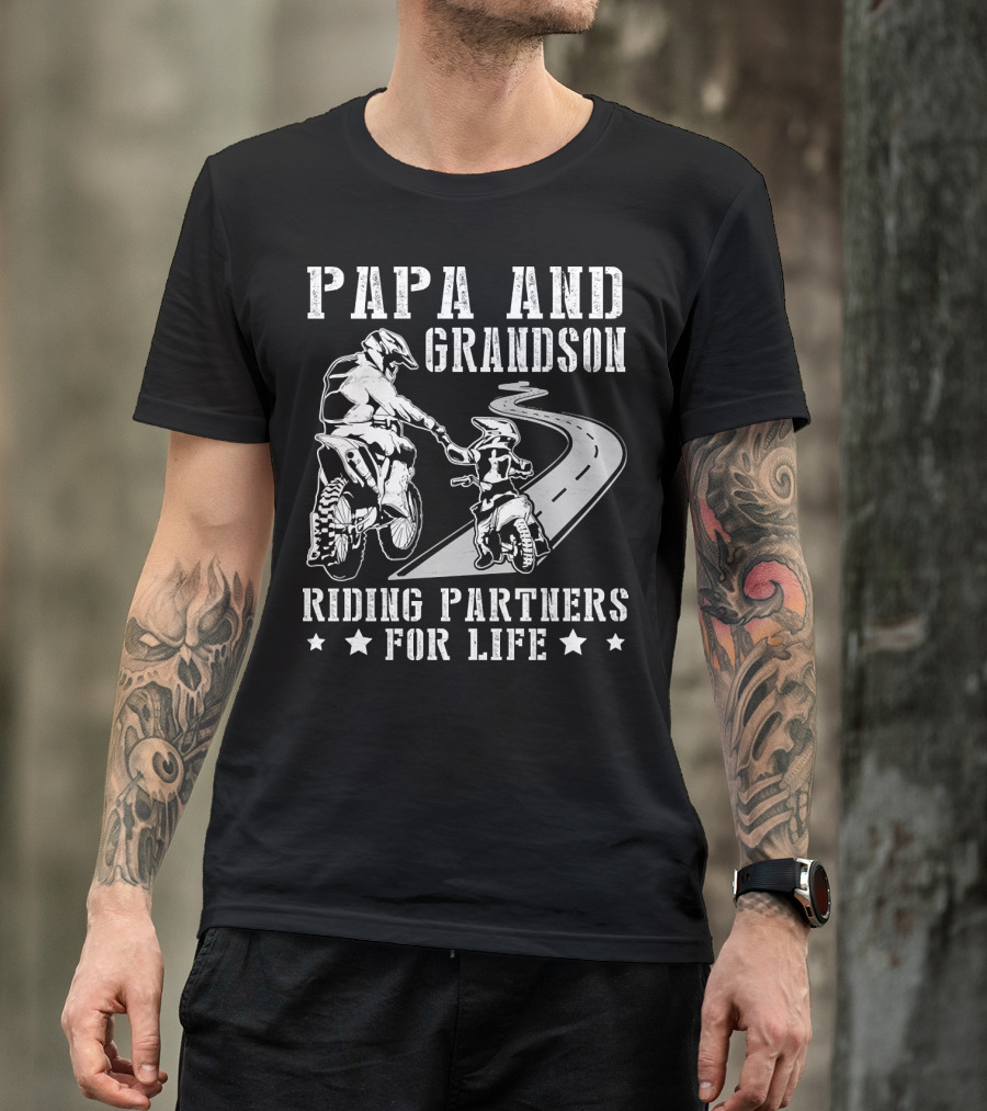 Papa And Grandson Riding Partners For Life Happy Motor Rider Road Adventure T-Shirt