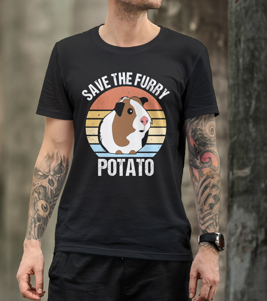 Save The Furry Potato Funny Guinea Pig Retro Sunset 181 T-Shirt