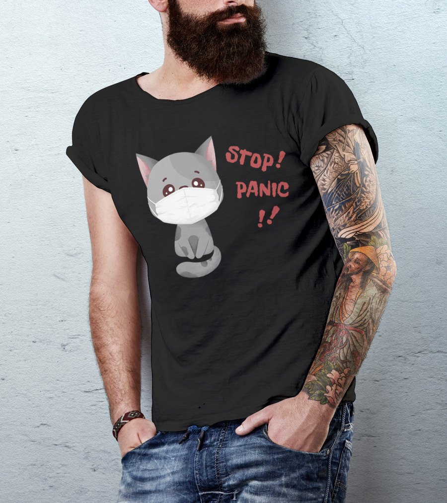 STOP PANIC Masked Cat Alert T-Shirt