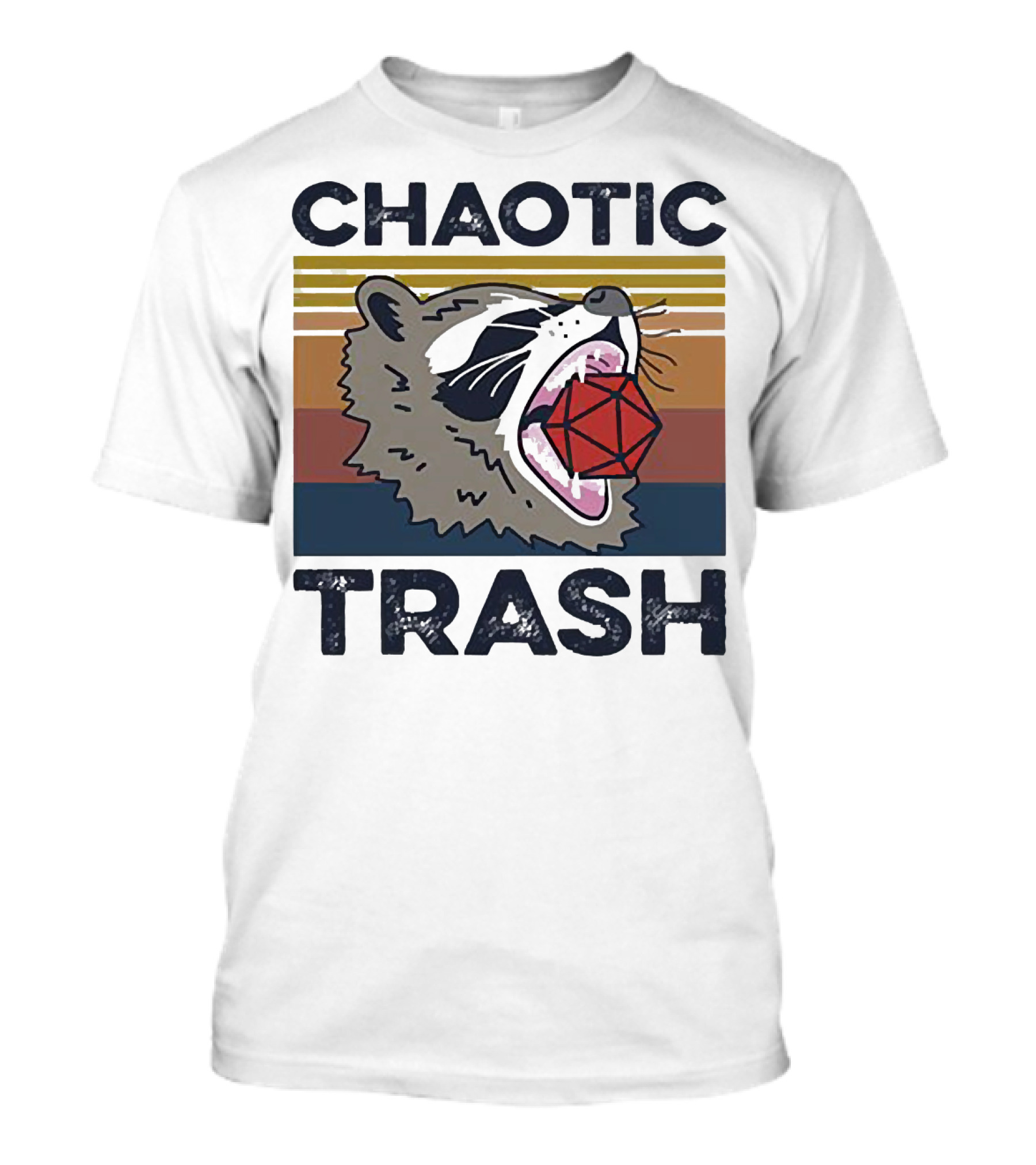 Chaotic Trash Game Raccoon D20 Dice Retro Stripes T-Shirt