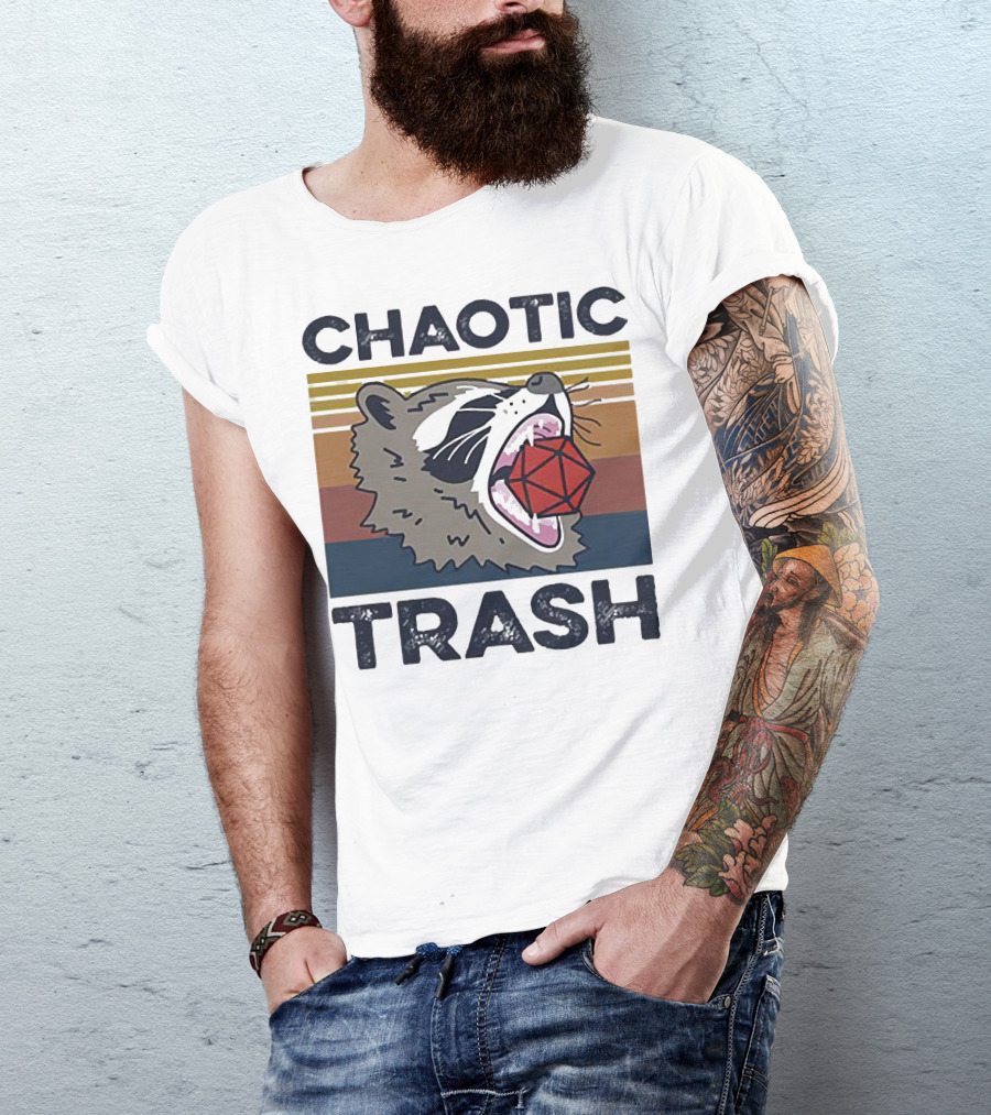 Chaotic Trash Game Raccoon D20 Dice Retro Stripes T-Shirt
