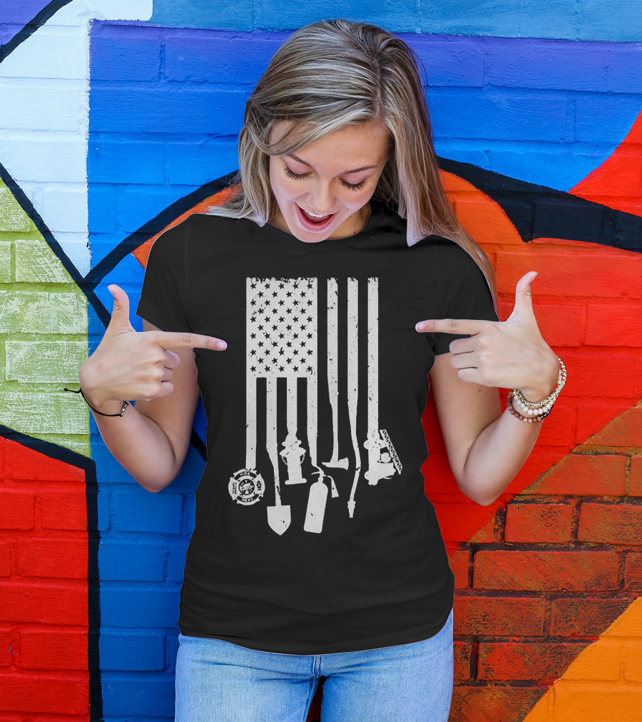 American Flag With Firefighter Tools And Veteran Badge Elements T-Shirt