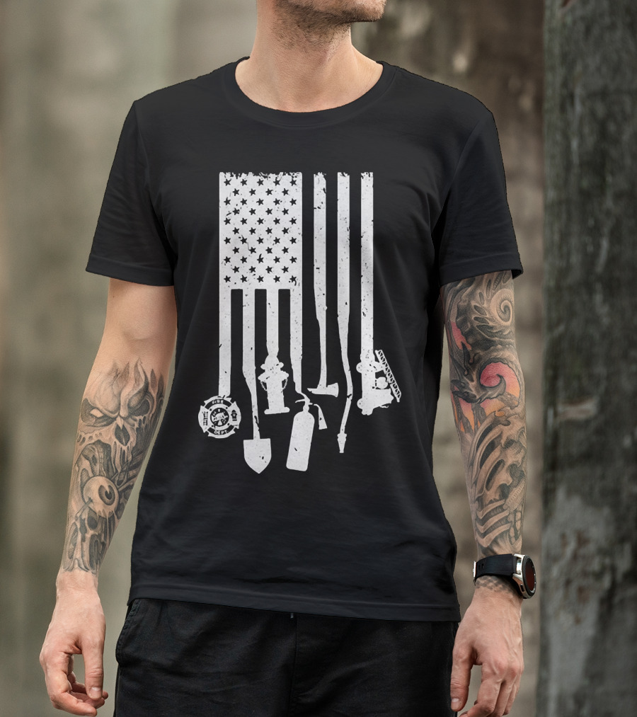 American Flag With Firefighter Tools And Veteran Badge Elements T-Shirt