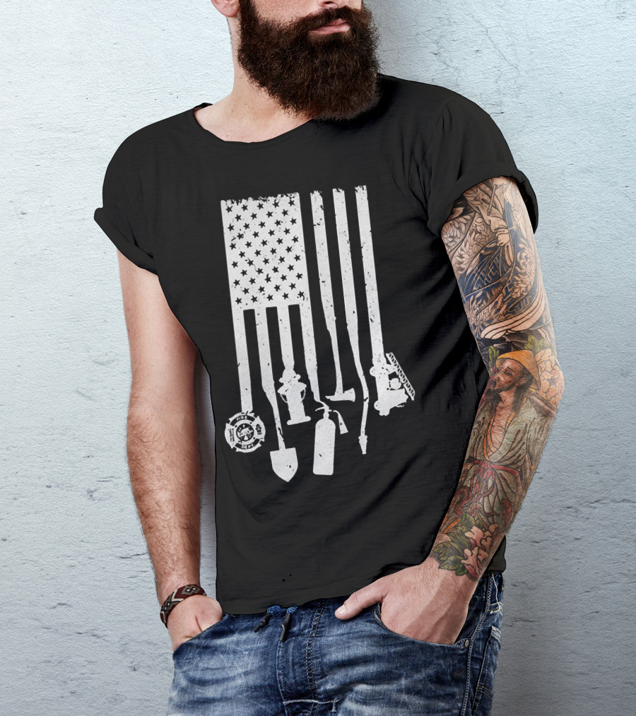 American Flag With Firefighter Tools And Veteran Badge Elements T-Shirt