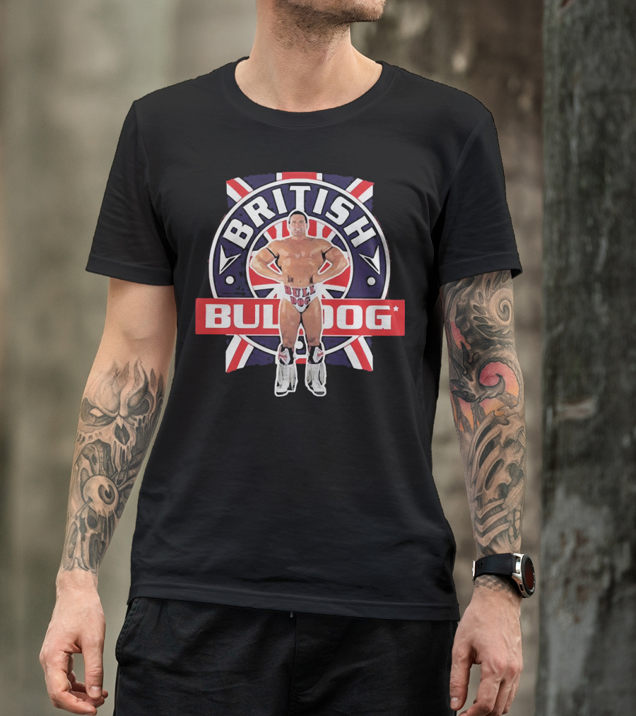 British Bulldog Wrestler With Union Jack Background T-Shirt