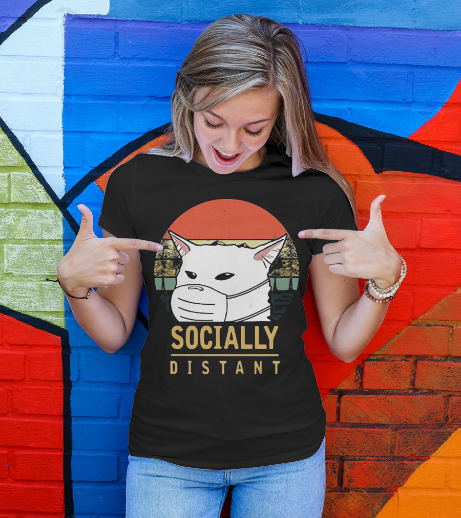Socially Distant Cat White Masked Sunset T-Shirt