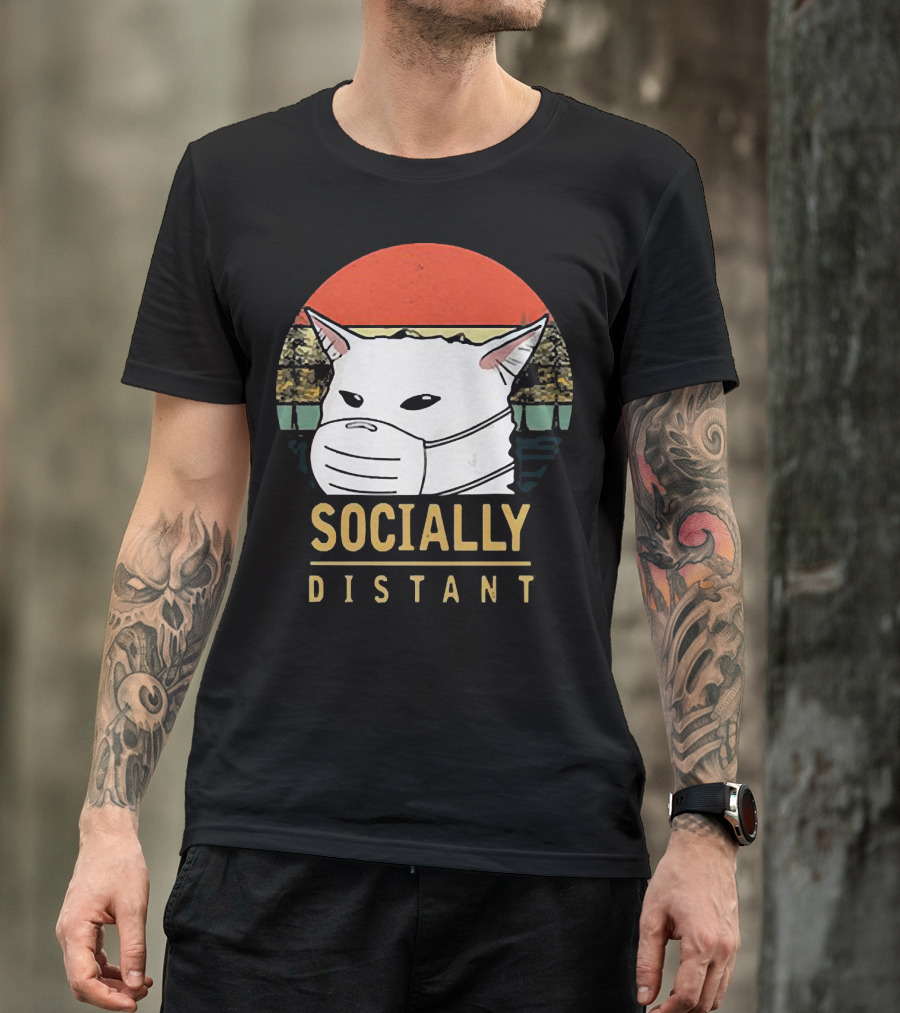 Socially Distant Cat White Masked Sunset T-Shirt