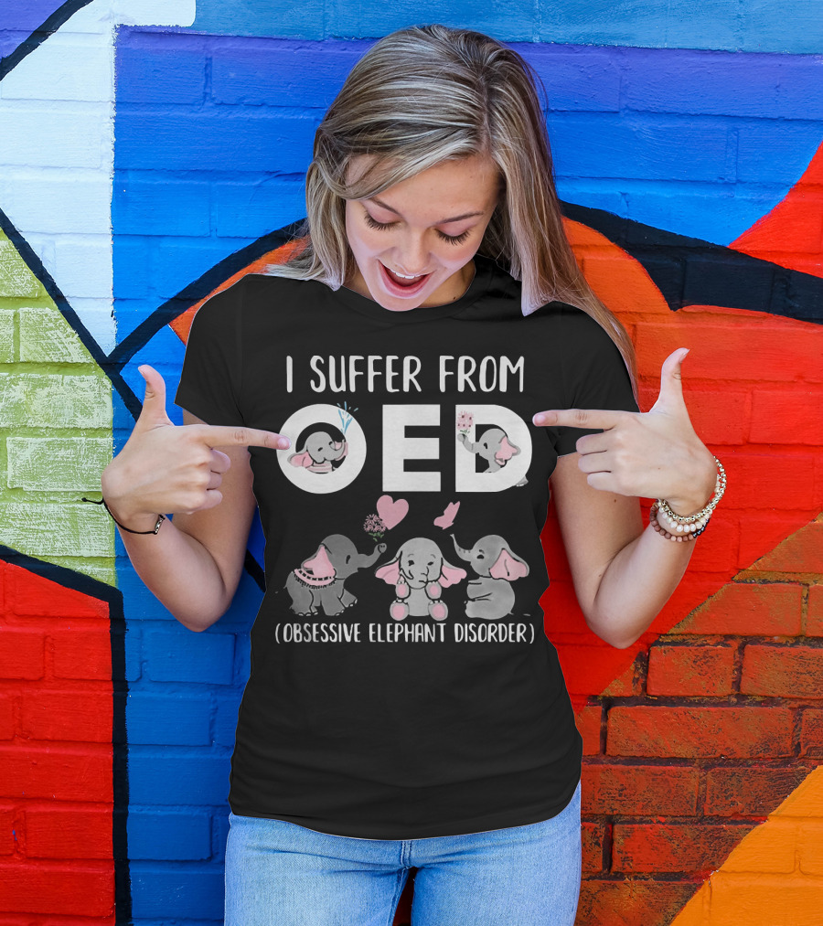 I Suffer From OED Obsessive Elephant Disorder Cute Pink And Gray Elephants With Hearts T-Shirt