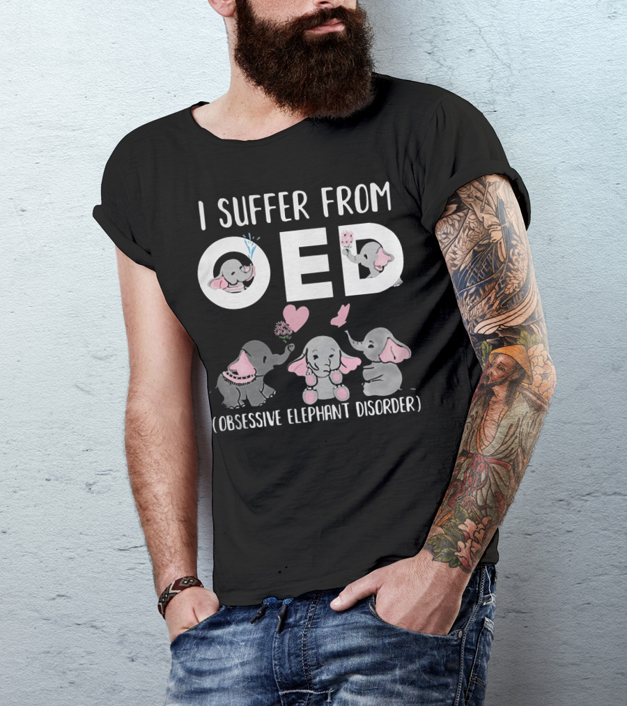 I Suffer From OED Obsessive Elephant Disorder Cute Pink And Gray Elephants With Hearts T-Shirt