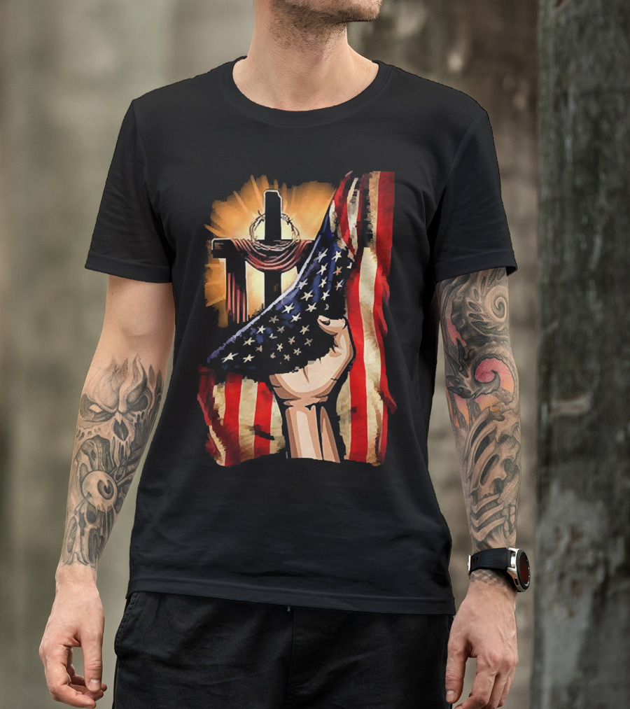 Jesus God American Flag Cross And Hand Inside Me T-Shirt