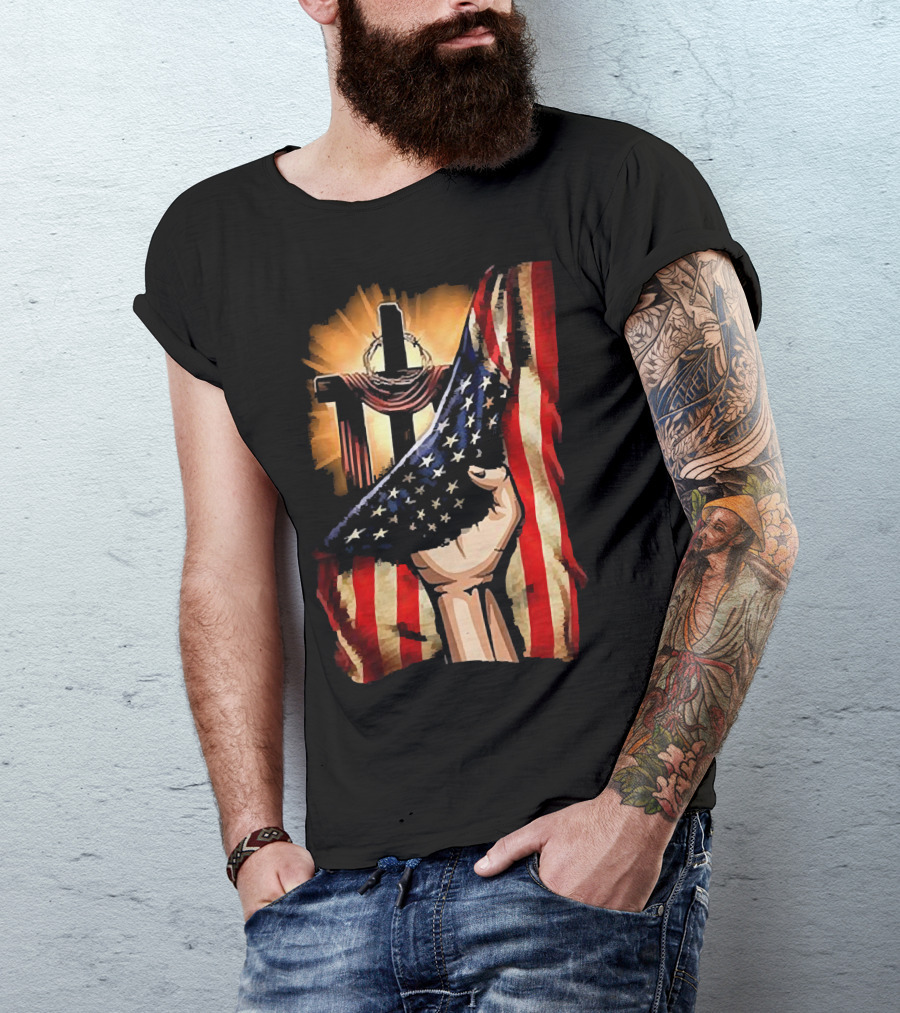 Jesus God American Flag Cross And Hand Inside Me T-Shirt