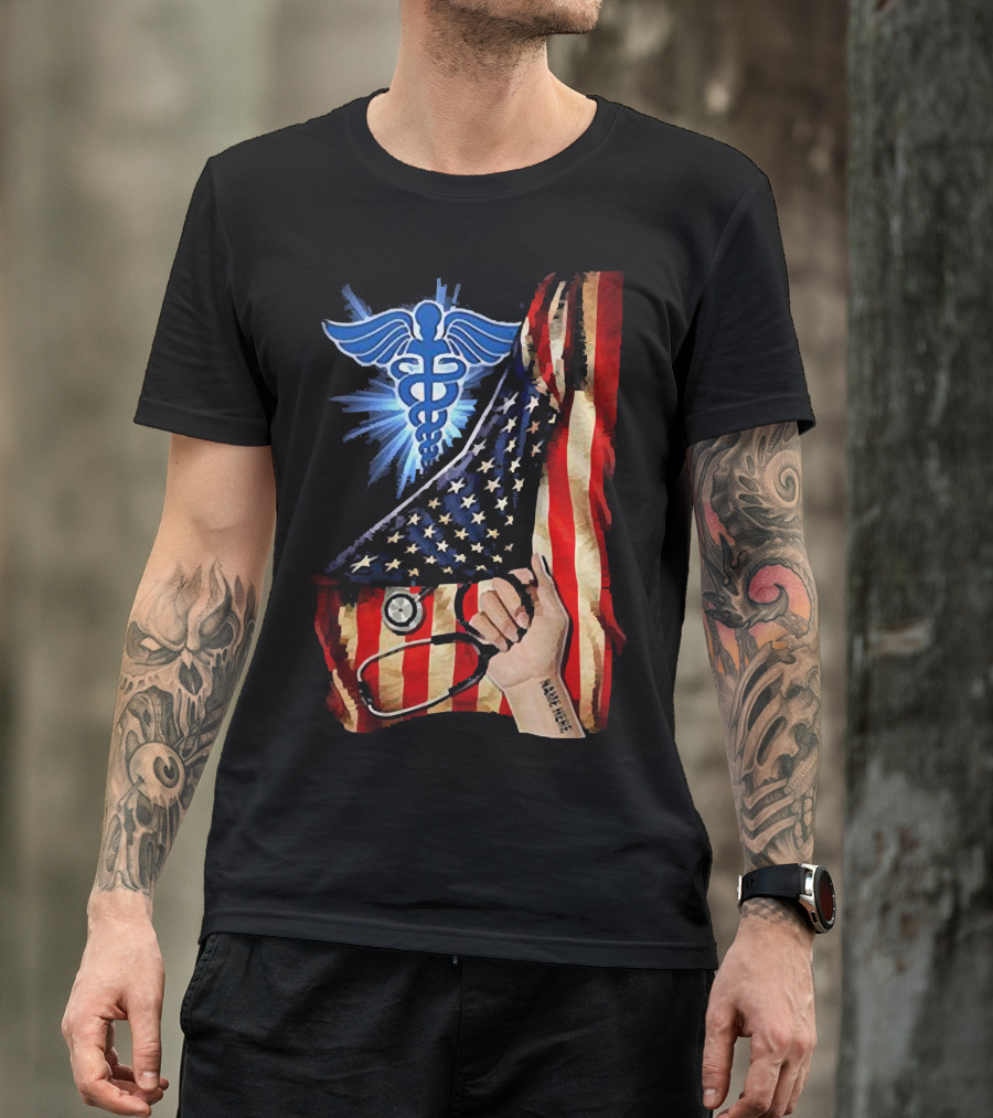 Nurse America Flag Caduceus Tattoo Stethoscope T-Shirt