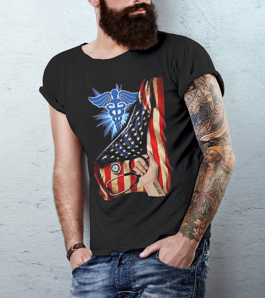 Nurse America Flag Caduceus Tattoo Stethoscope T-Shirt