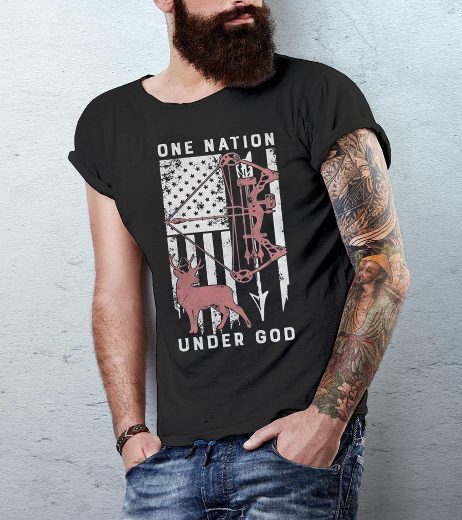 One Nation Under God American Flag Bow Hunter Veteran T-Shirt