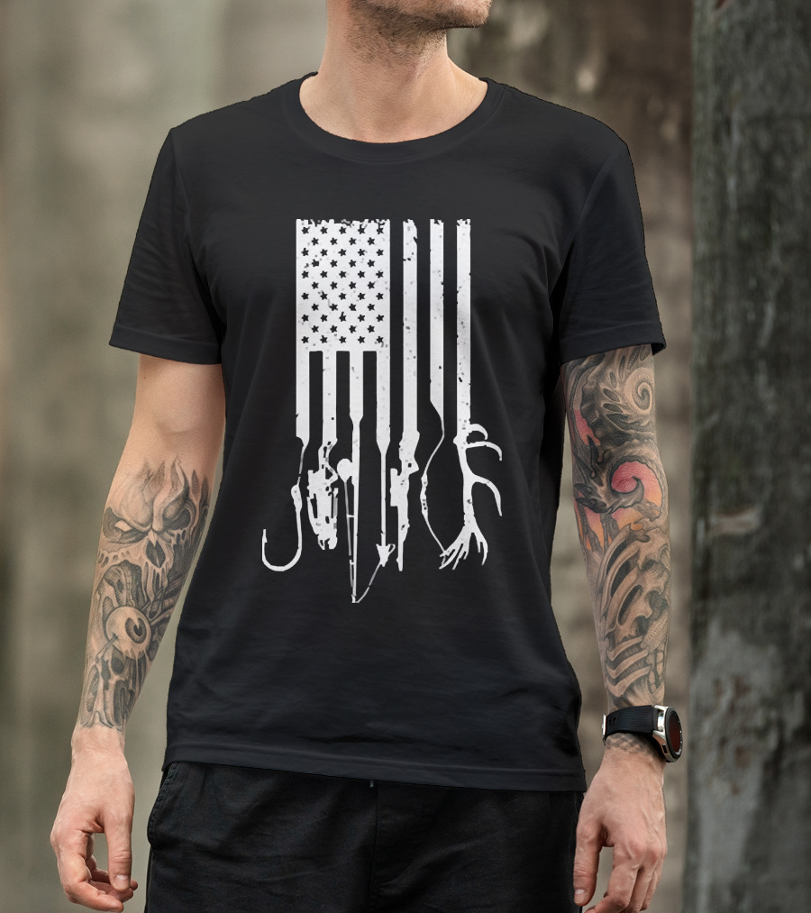 American Flag With Fishing Hooks And Hunting Gear T-Shirt